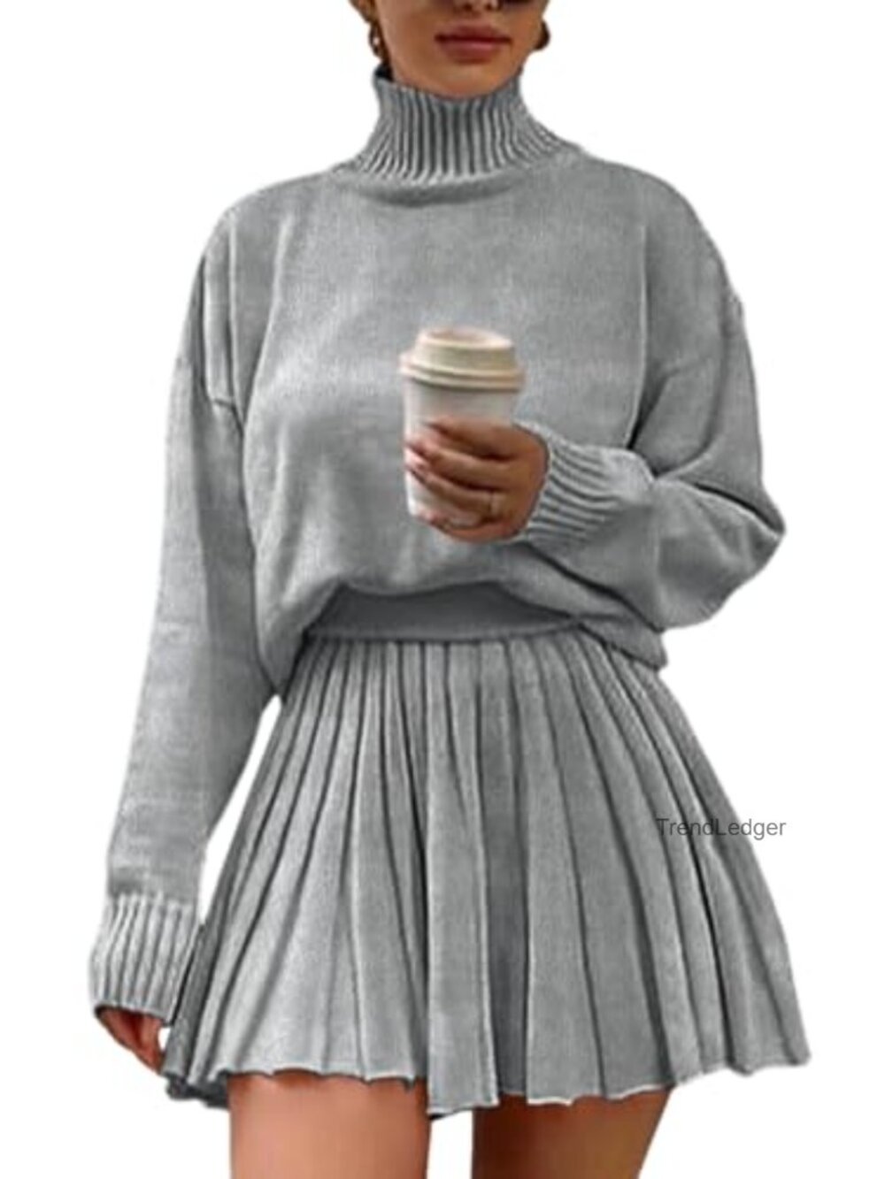 2Pc Turtleneck Sweater & Pleated Mini Skirt Set Knit Long Sleeve Fall Outfit